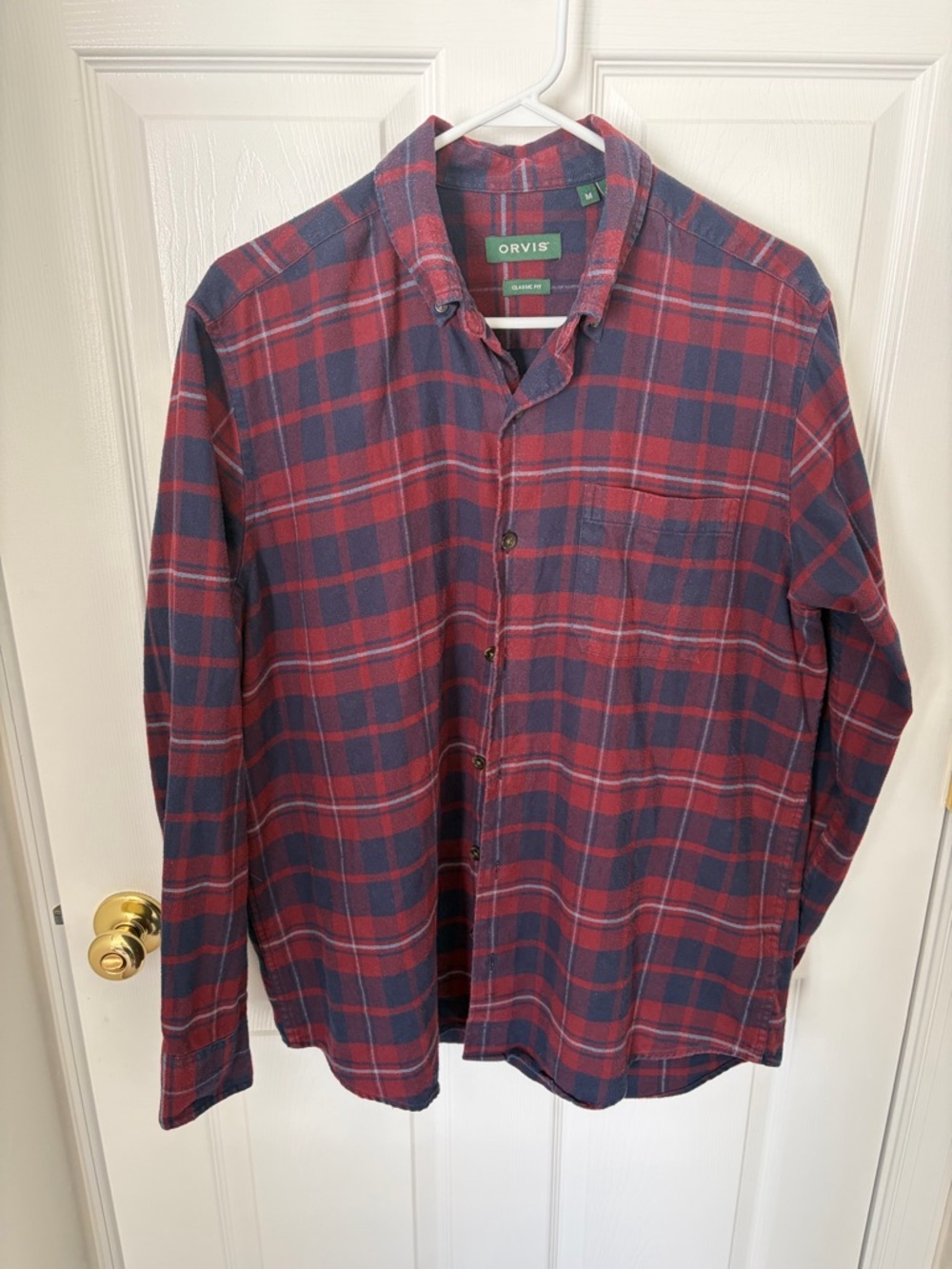 Orvis Men's Red & Blue Plaid Flannel Button-Down Shirt (M)